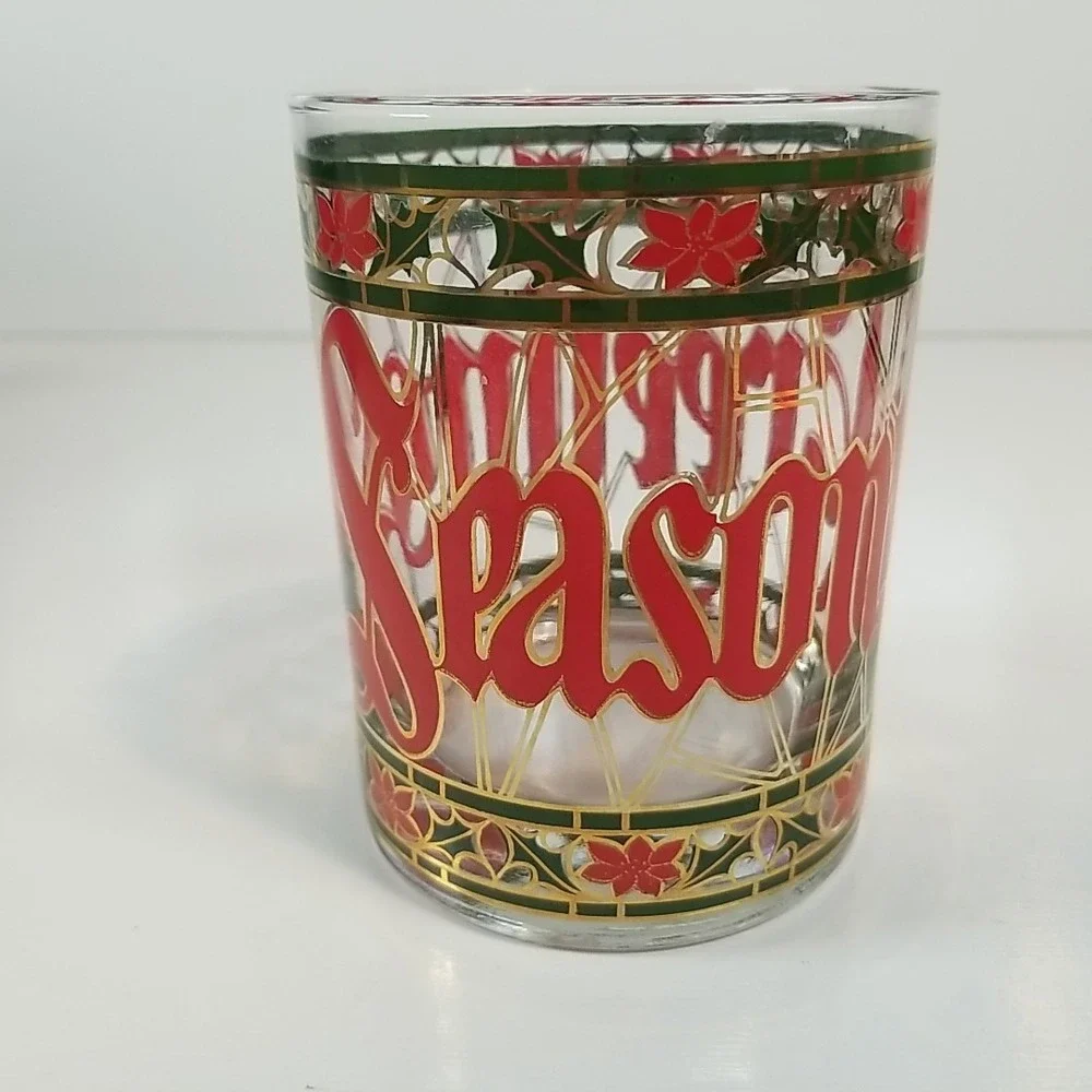 Houze 'Seasons Greetings' Glass Drink Tumbler Red & Green Gold Rim Vintage